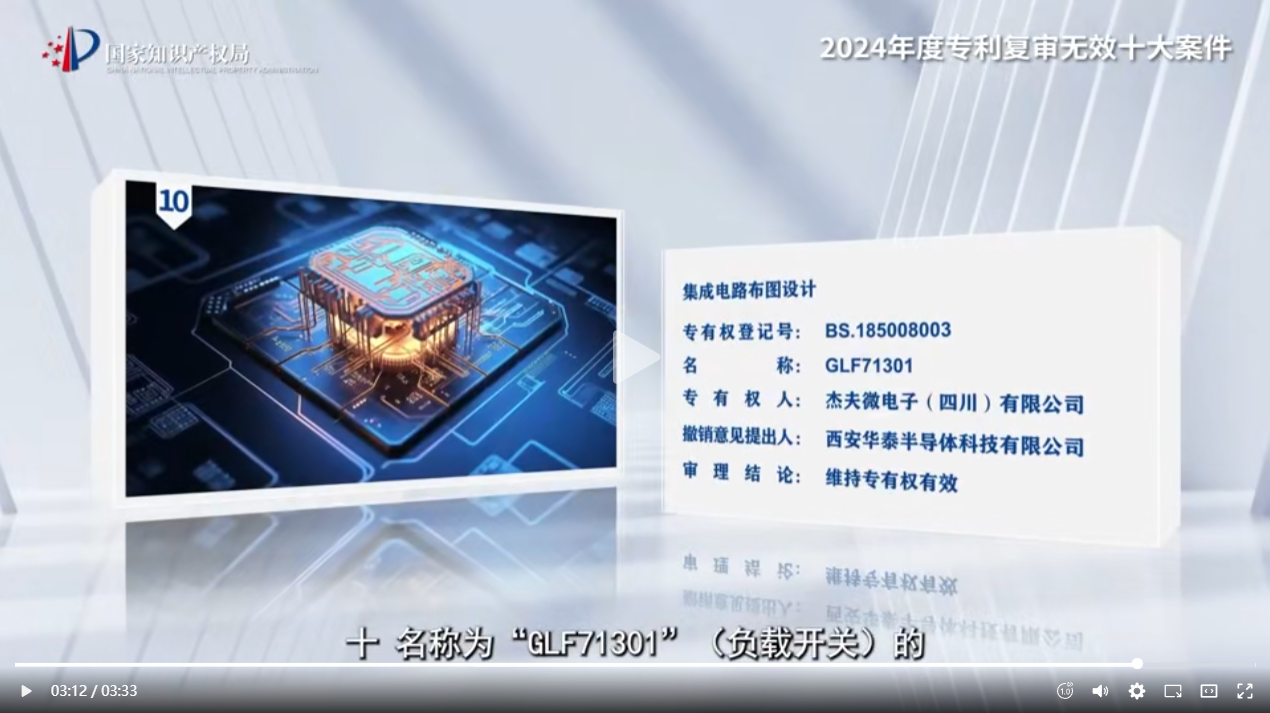 三聚陽光代理“GLF71301”集成電路布圖設計撤銷案入選國知局2024年度專利復審無效十大案件